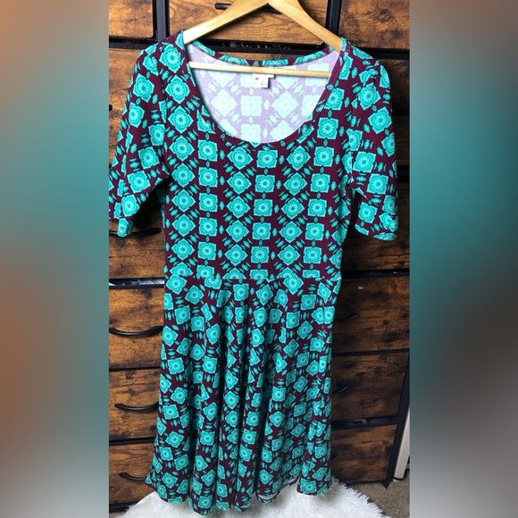 LuLaRoe Teal and Burgundy Geometric Midi Dress - Picture 2 of 14